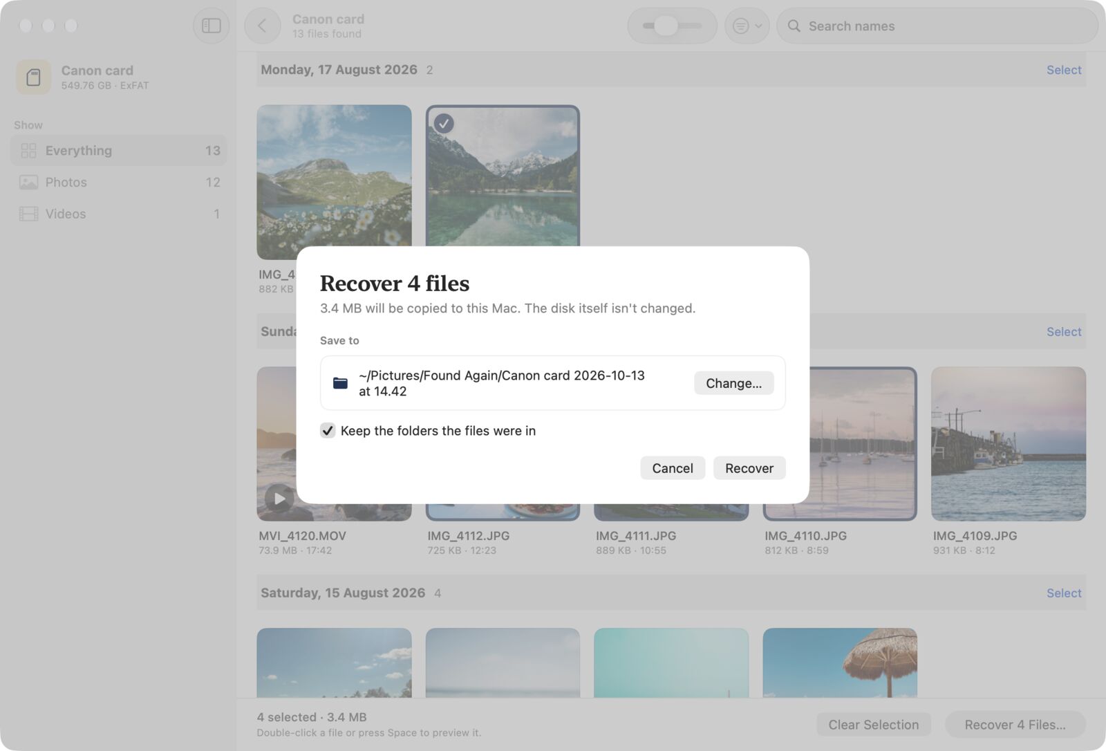 The Recover sheet in Found Again, saving four files to a Found Again folder in Pictures