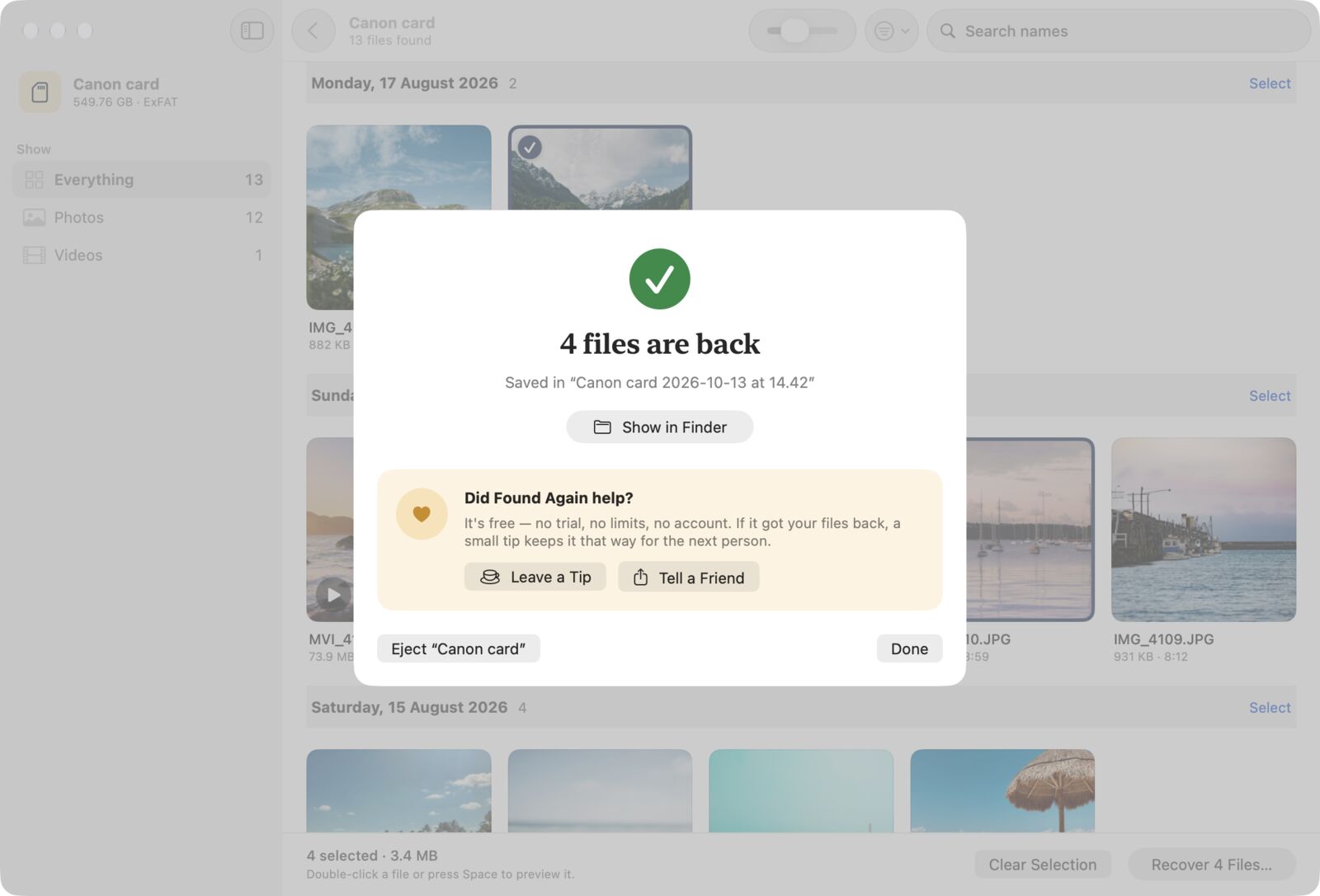 The Found Again success screen, with a Leave a Tip button under the recovered files