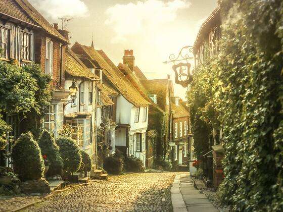 Old town street with ivy-covered houses